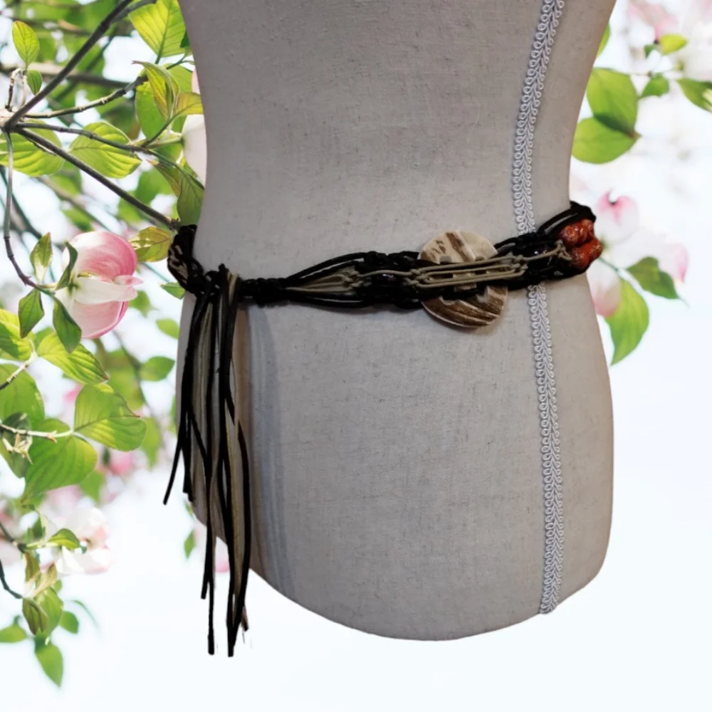Macrame Beaded & Shell Belt With Tie Front Size XS to S